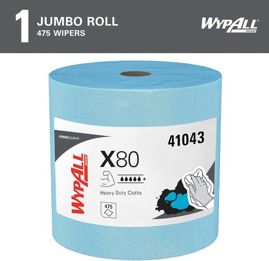 WypAll PowerClean X80 Cloths Heavy Duty Wipes (41043), Jumbo, Extended Use Towels, Blue (1 Roll of 455 Sheets, 455 Sheet Total)